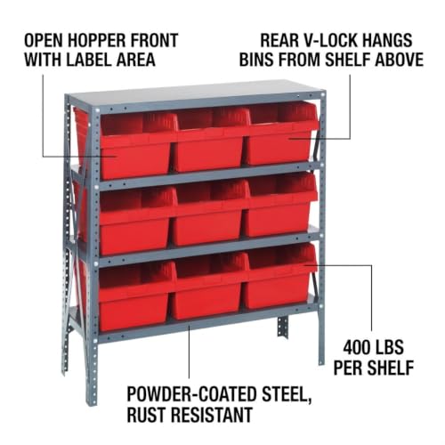 Quantum Storage 1239-SB809 Store-Max Steel Shelf Bin Organizer System, 9 8"H Hopper-Front Bins, 4-Shelf Unit, 400 lb Per Shelf, for Warehouse, Shop, Garage & Stockroom, 12"D x 36"W x 39"H, Red - size: 39" H x 36" W x 12" D, style: 12" L x 12" W x 8" H 9 S