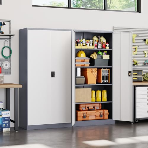 Yizosh Metal Garage Storage Cabinet with Lock, 71" Locking Tool Cabinet with 2 Doors and 4 Shelves, Tall Steel Cabinet for Garage, Heavy Duty File Cabinet for Office, School (Gray White) - color: Gray White, size: 16"D x 32"W x 71"H