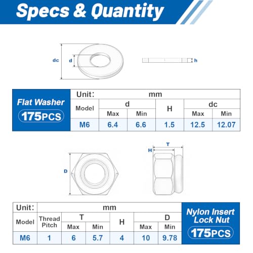 M6-1.0 Lock Nut 350Pcs Stainless Steel Nylock Locking Nuts with Washer - size: locknuts-M6 350pcs
