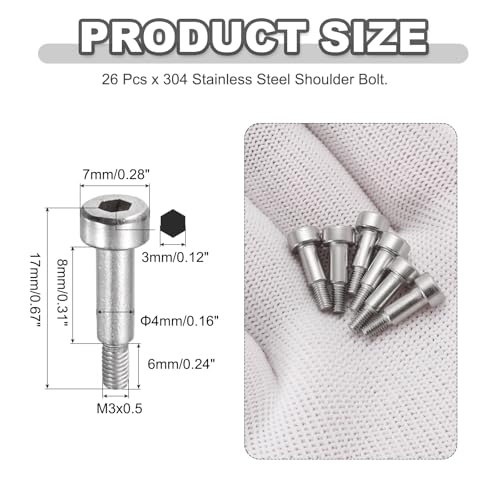 MECCANIXITY 26 Pcs 304 Stainless Steel Shoulder Bolt 4mm Shoulder Dia 8mm Shoulder Length M3x0.5 Thread Hex Socket Shoulder Bolts for Hydraulic Injection Molding Machinery Industries - size: 4mm x 8mm