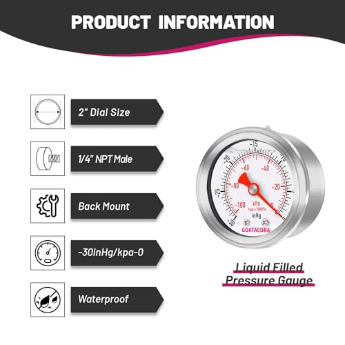 -30inHg/kpa-0 Glycerin Filled Vacuum Pressure Gauge, 2" Dial Size, 304 Stainless Steel Case, 1/4" NPT Center Back Mount, with High Accuracy - size: -30inHg-0, style: Back Mount