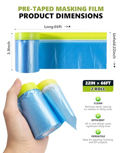 Pre-taped Automotive Masking Film for Painting - 22" x 66', 2 Rolls - color: Blue, size: 2 Rolls of 22" x 66'