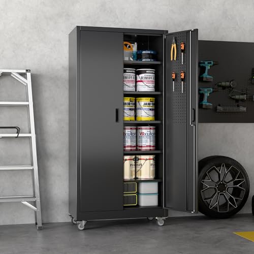 Aobabo Metal Garage Storage Cabinet with Wheels, 71" Tall Lockable Cabinet - color: Black, size: 18"D x 34"W x 71"H-0 Drawers