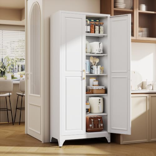 75" Metal Kitchen Pantry Cabinet, Storage Cabinets with 2 Doors - color: White, size: 75"H-Square