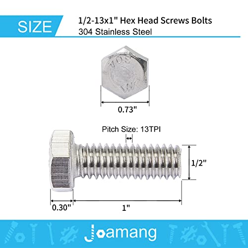 1/2-13 x 1 Hex Head Bolts, Stainless Steel 304, Hexagon Head Screws, UNC Coarse Thread, Bright Finish, Fully Threaded, Quantity 8 - size: 1/2-13 x 1"(8 PCS)
