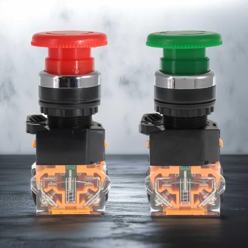 Emergency Push Button Switch, Green&Red Mushroom Head, for Home or Industrial Equipment, Operating Rooms, Distribution Boxes, NO NC, 22mm, Stay-Put (2 Pack) - size: 1 Green + 1 Red, style: Stay-put