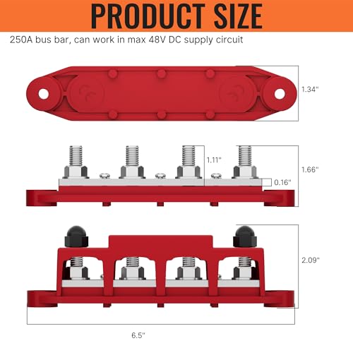 Joinfworld Bus Bar 12V 250A Power Distribution Block 4 x 3/8" Studs Marine Bus Bar 12 Volt Battery Busbar Terminal Block for Automotive, Car, Boat, Solar Wiring - Negative&Positive - size: 250A 4 x 3/8"(M10) Studs