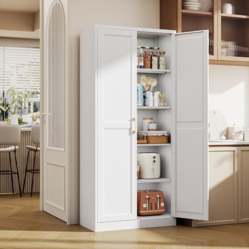 71" Tall Metal Kitchen Pantry Cabinet, Storage Cabinet with Doors - color: White, size: 71"H-Square