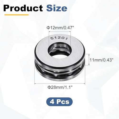 uxcell 4Pcs Thrust Ball Bearings, 12mm Bore 28mm OD 11mm Thick 51201 ABEC5 - size: 51201 12mm x 28mm x 11mm