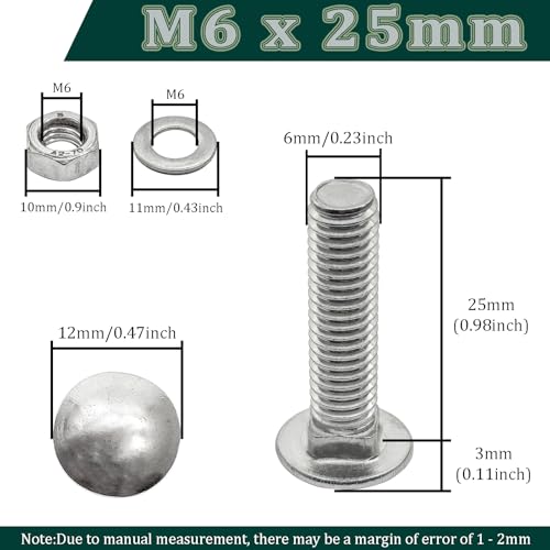 M6 x 25mm Carriage Bolts Kit,304 Stainless Steel Round Head Square Neck Carriage Bolts with Hex Nuts and Flat Washers,Full Thread,Silver(10Sets) - size: M6 x 25mm