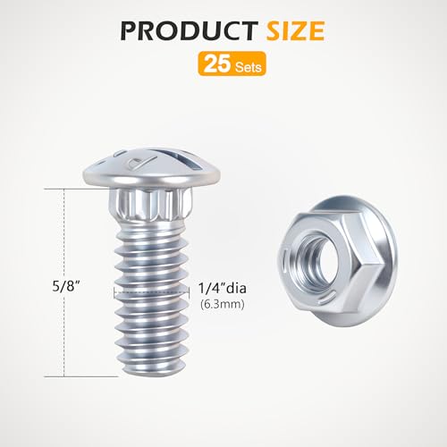 Garage Door Track Bolts & Flange Nuts, 1/4" x 5/8", Grade 8.8 Heat Treated Steel, Zinc Plated Flat Head Carriage Bolt for Vertical/Curved Rails & Extension Ladders (50 PCS) - color: Silvery, size: Track Bolts 50 pcs