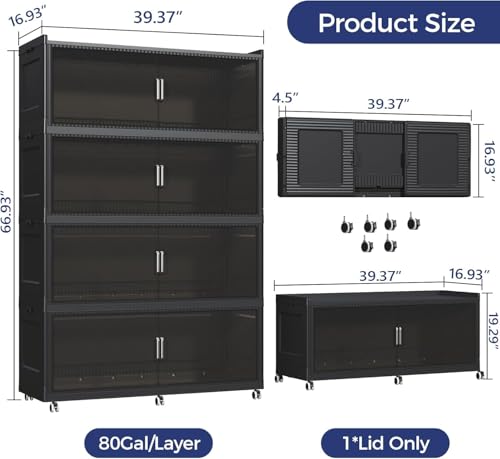 320GAL Extra Large Storage Bins with Lid, 1280QT Collapsible Organizer with Wheels, Stackable Closet Cabinet with Doors, Folding Storage Containers for Home, Office, Kitchen, 4Pack Black - color: Black, size: 80Gal-4Pack