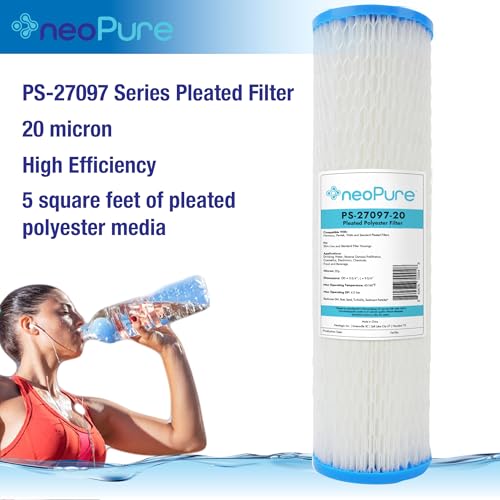 Neo-Pure PS-27097-20 9-3/4" Standard Efficiency Pleated Filter 20 Micron – Reduces Sediment, Dirt, and Rust – Compatible with Most Standard Filter Housings – Single