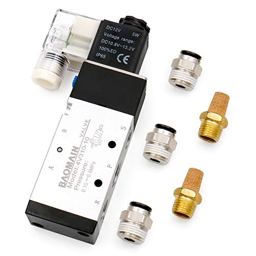 Baomain Pneumatic Solenoid Valve 4V310-10 DC12V PT 3/8" 2 Position 5 Way Single Coil Pilot-Operated Electric Control with 3 Fitting and 2 muffler (DC 12V) - style: DC 12V