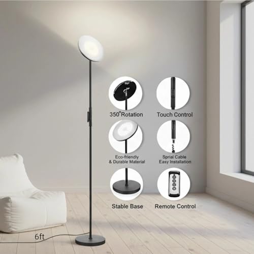 JOOFO LED Torchiere Floor Lamp with Remote, Stepless Dimmable Black - color: Black