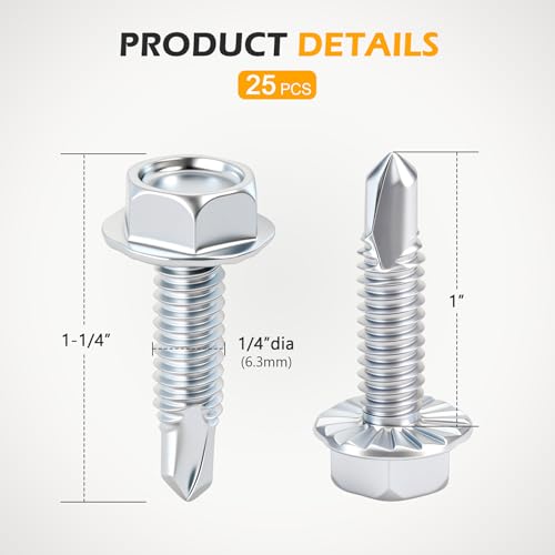 1/4" x 1" Hex Washer Head Self-Drilling Screws (50 PCS), Grade 8.8 Heat Treated Carbon Steel, Zinc Plated Self Tapping Screws, Industrial Strength Metal Fasteners - color: Silvery, size: Self-Drilling 50 pcs