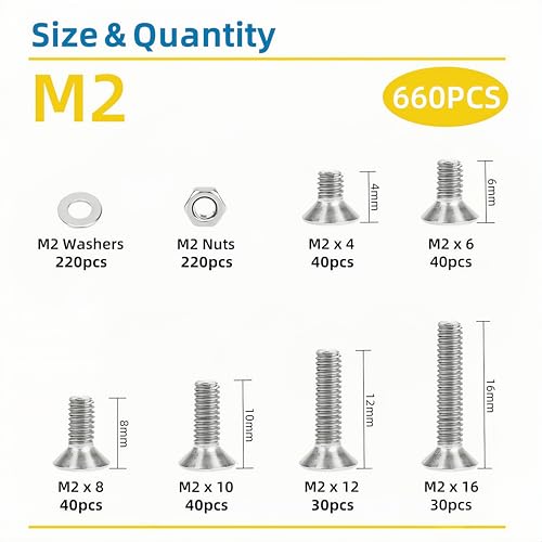 660 Pcs M2 Screws Assortment Kit, M2x4mm/6mm/8mm/10mm/12mm/16mm, Metric Hex Flat Head Countersunk Screws Nuts Washers Kit with Wrench, 304 Stainless Steel - size: M2 660Pcs