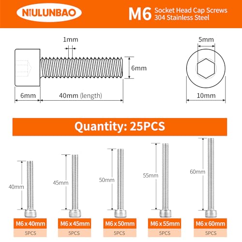 M6 x 40mm 45mm 50mm 55mm 60mm Hex Socket Head Cap Screws Bolts 304 Stainless Steel Metric Machine Allen Hex Drive, Fully Threaded, Assortment Kit 25PCS - size: M6 x 40/45/50/55/60mm (25PCS)