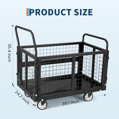 Heavy Duty Platform Truck Cart with Cage, 39" x 24" Hand Moving Cart 2000 Lbs Capacity, Multi-Functional Folding Cage Cart with Basket for Warehouse, Luggage Moving, Black - color: Black
