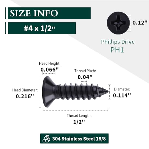 #4 x 1/2" Flat Head Phillips Sheet Metal Tek Screws, 304 Stainless Steel 18-8, Black Oxide Coated Finish, Corrosion Resistant Flat Head Wood Screws, 100 PCS - size: #4 x 1/2"