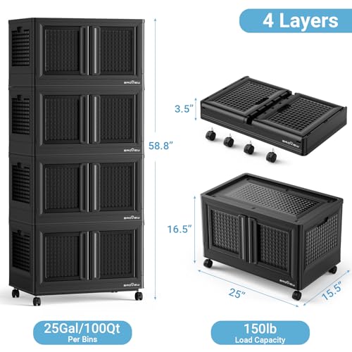 BROVIEW 400Qt Stackable Storage Bins with Lids, 100Gal Closet Organizers and Storage Drawer, Plastic Collapsible Storage Bins with Doors, Heavy Duty Store Box Cabinet for Home Kitchen, 4Pack Black - color: Black, size: 100 GAL