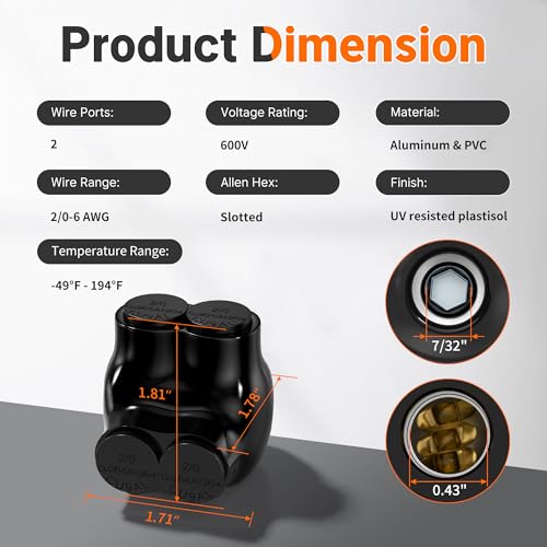 Joinfworld 2 Port Insulated Multi Tap Connector 2/0-6 Gauge Wire Connectors Aluminum to Copper Wire Connectors Single Side Entry Black Electrical Cable Connectors with Slotted Allen Hex - 6 Pack - color: 2/0-6 AWG(6pcs)
