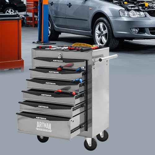 6-Drawers Steel Rolling Tool Cart with Wheels & Handle, Heavy-Duty Tool Chest Storage Cabinet for Garage and Workshop, Silver - color: Silver, size: 6-Drawer