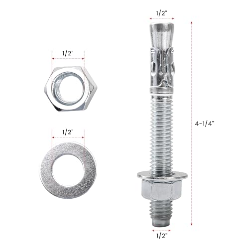 1/2" x 4‑1/4" Concrete Anchors Wedge Anchor, Carbon Steel,10 Pcs - size: 1/2"x4-1/4"