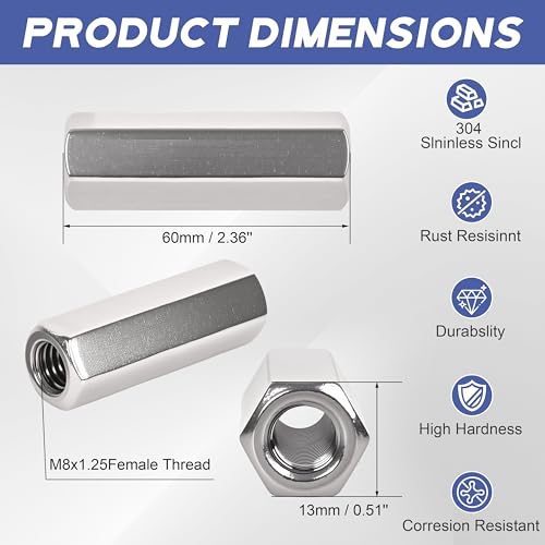 304 Stainless Steel Metric hex Coupling Nuts M8 x 1.25-Pitch 60mm 8 Pcs - size: M8x1.25x60MM
