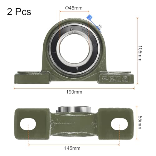 uxcell 2 Pcs UCP209 Pillow Block Bearings 45mm Bore Self Alignment, Solid Cast Iron Base Mounted Chrome Steel Bearings - size: UCP209