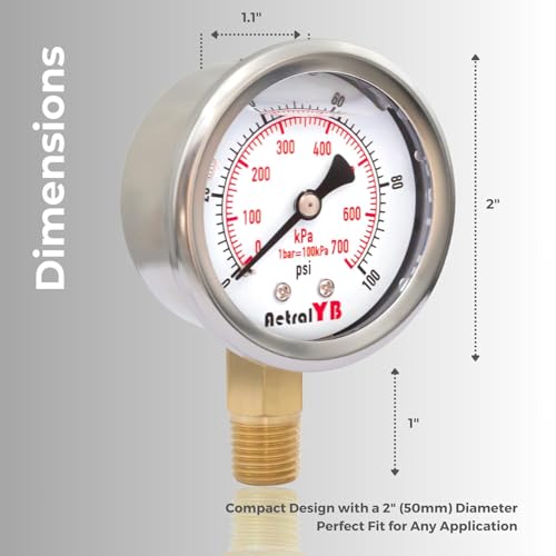 2 Inch Dial Pressure Gauge, 100Psi, Bottom Mount, 2 Pack