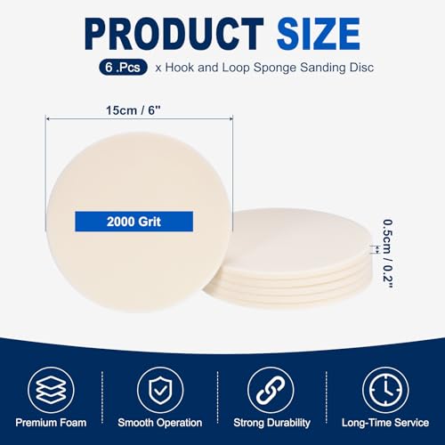 6Pcs 6 Inch Hook and Loop Sponge Sanding Disc, 2000 Grit - size: 6 Inch 2000 Grit