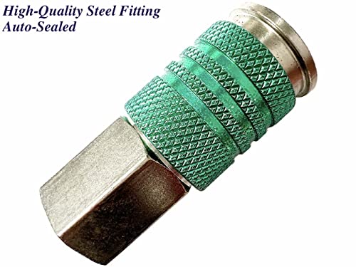 SANFU 1/4-Inch Steel Female Industrial Coupler, Auto-Locked Design, Air Hose Fittings 1/4-Inch Female Threads Quick Connector Air Coupler with Storage Case, 10-Pack(Green) - style: 10PCS Green 1/4" Female Coupler
