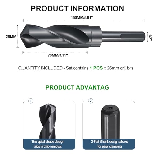 METALLIXITY Drill Bit 26mm, 1/2" Reduced Shank 3-Flat 4341 HSS 118° - size: 26mm