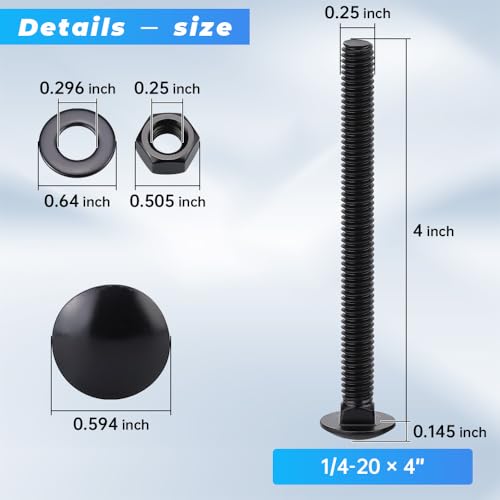 16 Sets 1/4-20 x 4 Black Carriage Bolts Screws and Hex Nuts & Flat Washers, 304 Stainless Steel 18-8, Round Head Square Neck, Full Thread Coverage - size: 1/4-20 x 4"