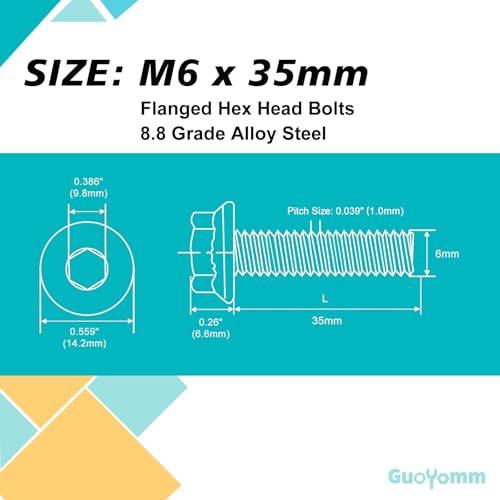 M6 x 35mm 20pcs Flanged Hex Head Bolts, M6 x 1.0 Bolts, Flange Hexagon Head Screws, 8.8 Grade Alloy Steel, Yellow Zinc Plated, Metric Fully Thread - size: M6 x 35mm(20PCS)