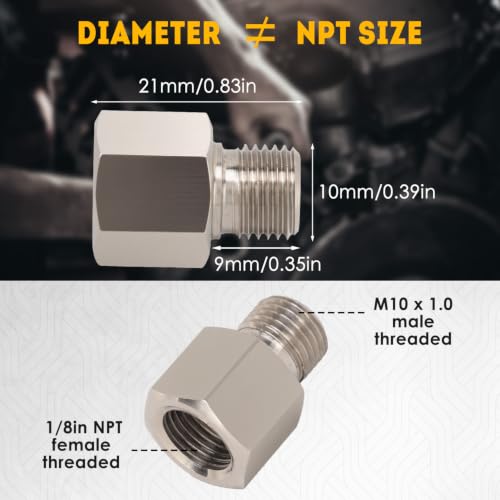 2 Pcs Sender Adapters 1/8in NPT Female to M10 x 1.0 Male Threaded Pressure Gauge Adapter with Washer, Stainless Steel Oil Reducer Adapter