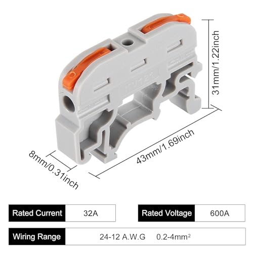 10Pcs DIN Rail Terminal Blocks Compact 24-12 AWG Wire Connectors for Electrical Control Panels Industrial Use - Grey - color: grey 10pcs