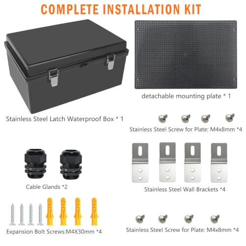 Electrical Junction Box, IP67 Waterproof Outdoor Box ABS Plastic Enclosure with Stainless Steel Latches & Brackets, Hinge Black Cover Project Box with Mounting Plate 14.2"x10.2"x6.7" - color: Black, size: 14.2"x10.2"x6.7"