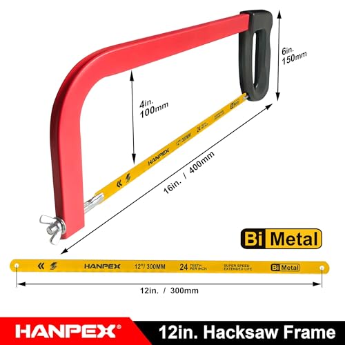 Hanpex 12in. High-Tension Hacksaw Frame with 24 TPI Bi-metal Blade, Hand Saw Suitable for Metal, wood, PVC, Carpentry(Black Handle) - style: Hacksaw with Red Handle