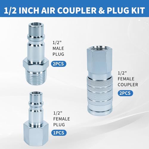 1/2" High Flow Air Hose Fittings, 5Pcs Air Compressor Accessories Including 2Pcs Industrial Air Coupler with 1/2” FNPT, 3Pcs Air Plugs with 1/2” NPT, Quick Connect Fittings Couplers