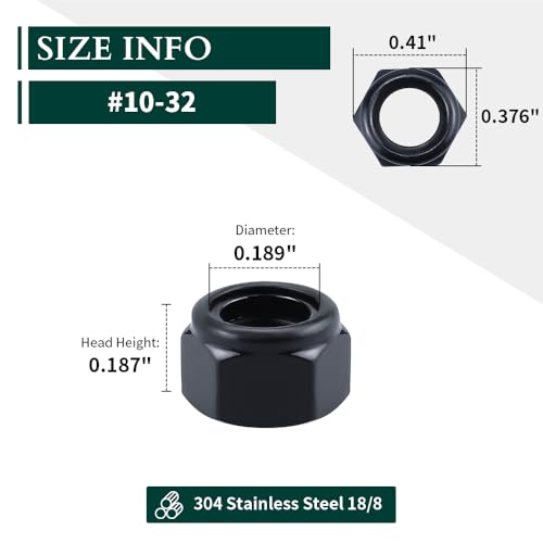EASTLO #10-32 Lock Nuts Black, Nylon Insert Locknuts 304 Stainless Steel A2-70 Grade, Self Clinching Nuts, Coarse Thread, 100 PCS - size: #10-32