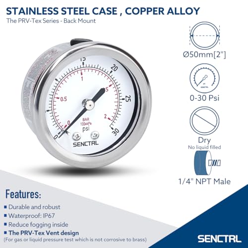 SENCTRL 0-30 Psi Low Pressure Gauge, 1/4" NPT Back Mount - size: 0-30Psi, style: Back Mount