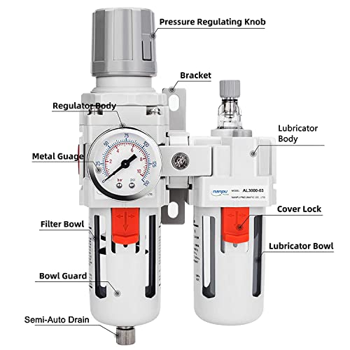 NANPU 3/8" NPT Air Filter Regulator Lubricator Combo, Water Separator - size: 3/8" NPT, style: Semi-Auto Drain, Metal Coupler & Plug