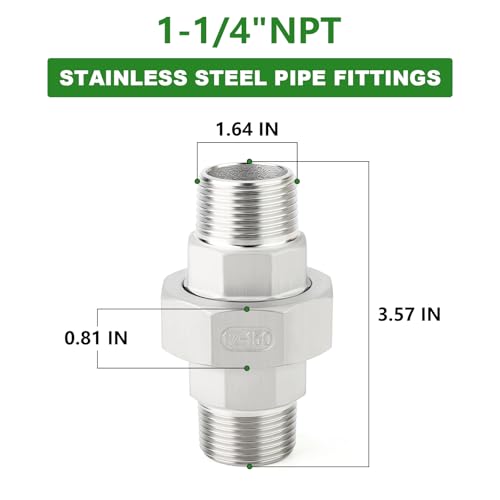 TAISHER 1PCS 304 Stainless Steel Union, 1-1/4" NPT Male x 1-1/4" NPT Male Cast Pipe Fitting - size: 1-1/4" MNPT
