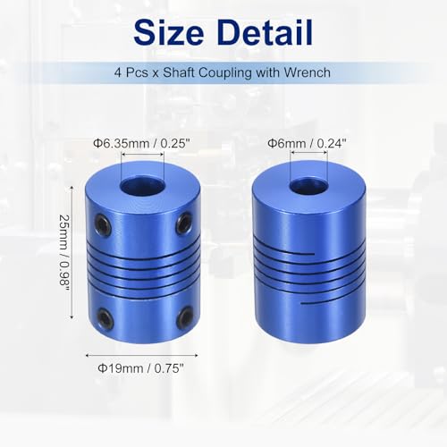 Flexible Shaft Coupling(6mm|6.35mm): 4 Pcs Blue Aluminum Alloy - color: Blue, size: 6mm x 6.35mm (19mm OD, 25mm L)