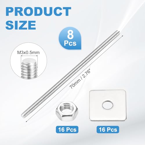 MECCANIXITY 8Set M3x70mm Fully Threaded Rod Threaded Rods Bar Studs - size: M3x70mm
