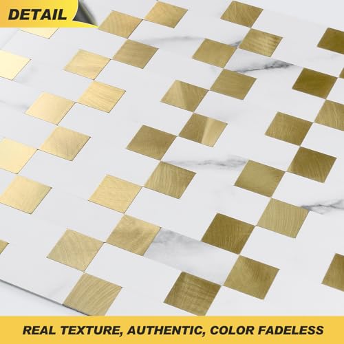 Yipscazo Peel and Stick Backsplash Tile, Stick on Stainless Steel Backsplash Metal Tiles for Kitchen Walls in Marble White Mixed Gold (12''x12'',10 Sheets) - color: Marble White mixed Gold