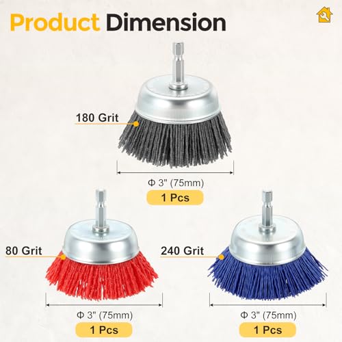 3pcs 3in Wire Cup Brush for Drill, 1/4in Hex Shank, 80/180/240 Grit
