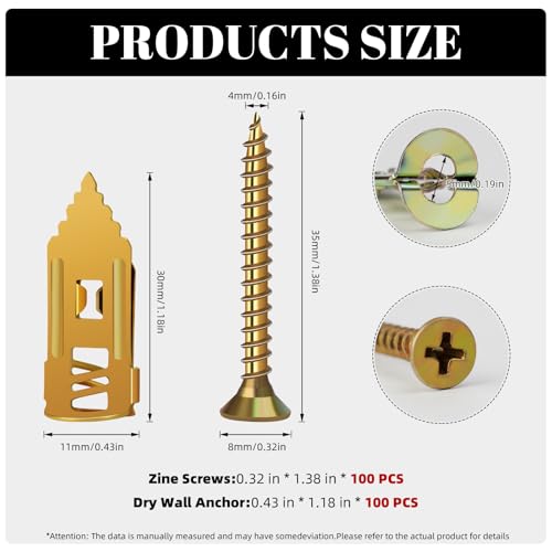 200 Pcs Self Drilling Drywall Anchors with Screws Kit, Metal Expansion Bolt for Drywall,No Drill Or Holes in Wall, Holds Up to 100lbs, for Tv, Shelves, Picture Frames - size: 1 Size (0.47 x 1.18 inch)-200 PCS